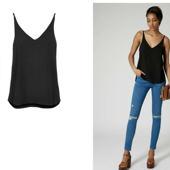 ⭐2 for C$22⭐ Topshop Plunge V-Neck Cami, Black, Size 2 - Picture 1 of 5
